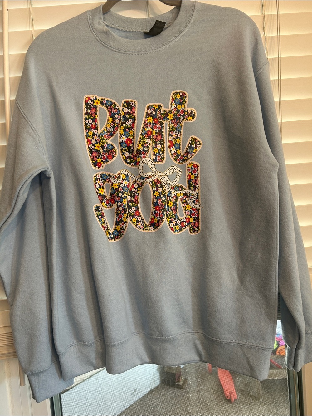 Gildan Light Blue Crewneck Sweater with Colorful Floral 'But God' Appliqué